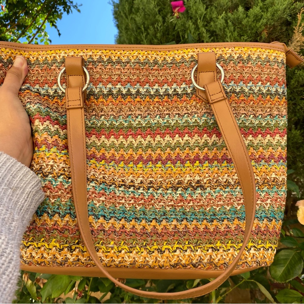 Rattan Style Woven Straw Tote Bag With Tan Faux Leather